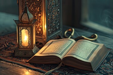 Illustration of the Koran illuminated by lanterns at night - obrazy, fototapety, plakaty