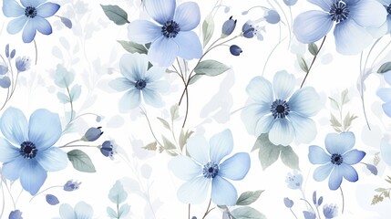 Fototapeta na wymiar Beautiful seamless watercolour illustration wild blooming floral pattern, delicate flowers, white, blue and light blue flowers, greeting card template on light grey background