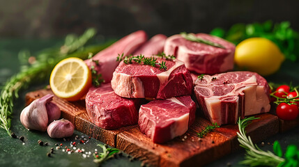 Premium Raw Beef Cuts Ready for Cooking, Enhanced with Fresh Herbs for Gourmet Meals