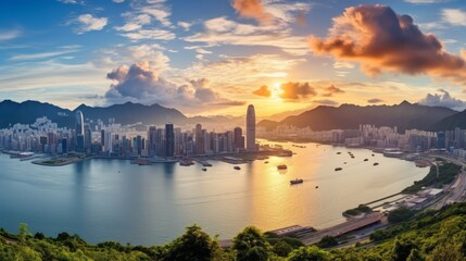 Hong Kong cityscape at sunset - obrazy, fototapety, plakaty