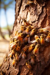 A Swarm of Bees on a Tree Trunk
