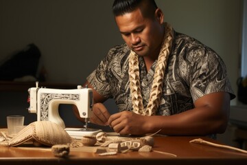 A Native Hawaiian man sewing a traditional Hawaiian quilt