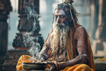 A Sadhu man is sitting at the ghats of Varanasi city making an offering