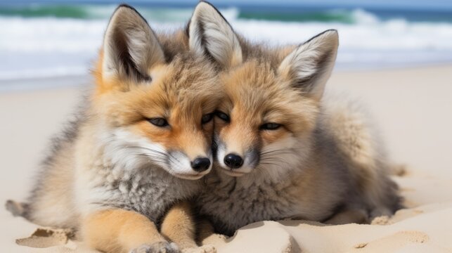 Two foxes lying on the beach