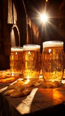 Three glasses of beer on a wooden table in a dark room