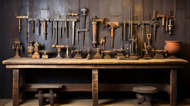 Blacksmith tools displayed on a wooden wall and table