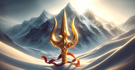 Golden trident symbol of god shiva against a of snowy mountains. - obrazy, fototapety, plakaty