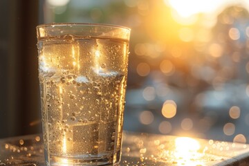 Close-up of a glass of sparkling water with blurred background - obrazy, fototapety, plakaty