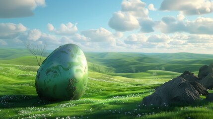 Nestled amidst rolling hills of emerald green, a colossal World Easter egg rests serenely, its surface shimmering with iridescent hues under the clear azure sky