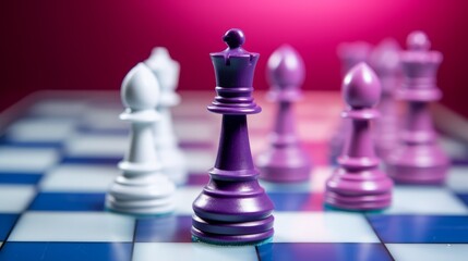 Purple chess pieces on a chessboard with a purple background