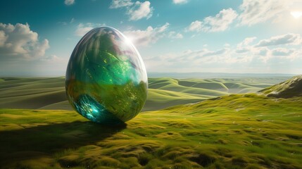 Nestled amidst rolling hills of emerald green, a colossal World Easter egg rests serenely, its surface shimmering with iridescent hues under the clear azure sky