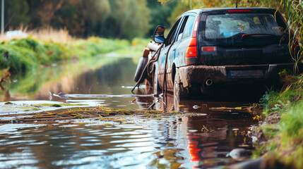 A tow truck towing a car out of a ditch
