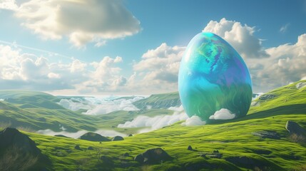 Nestled amidst rolling hills of emerald green, a colossal World Easter egg rests serenely, its surface shimmering with iridescent hues under the clear azure sky