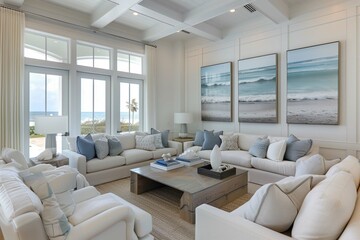 Elegant living room interior with beach triptych wall art - obrazy, fototapety, plakaty