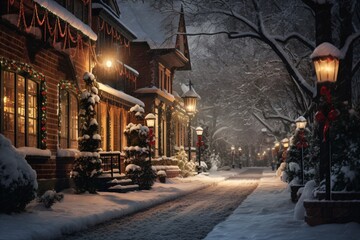 Naklejka premium Beautiful snowy street decorated in Christmas theme