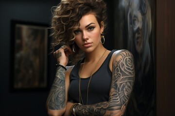 Portrait of a young tattooed woman with curly hair