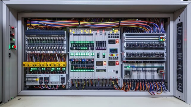 Industrial electrical control panel with fuses, switches, indicator lights and circuit breakers