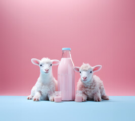 Two lambs pose next to a glass bottle with a milky fruit drink on a pastel pink and blue background.