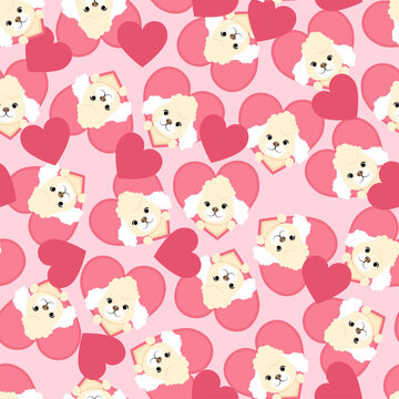 Cute pink seamless pattern of white poodles in love and hearts