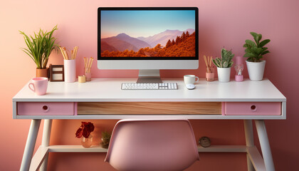 Modern office desk with computer monitor, chair, and plant generated by AI