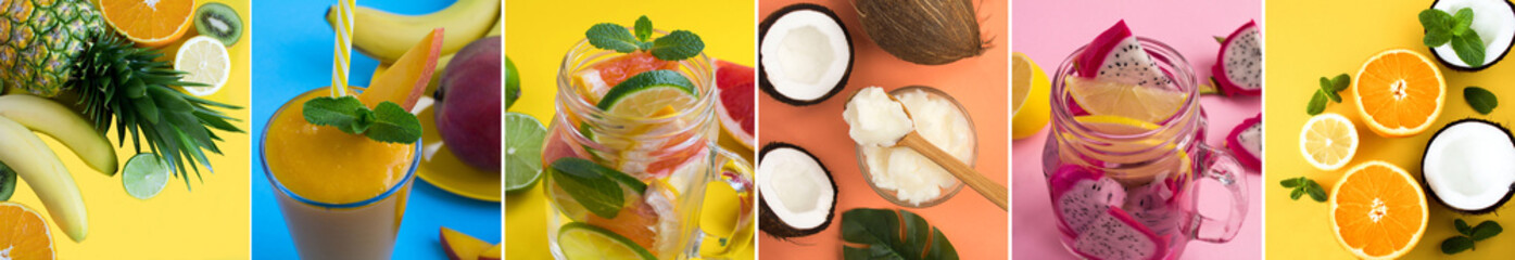 Collage of drink and food with tropical fruit on the colored background. Close-up.