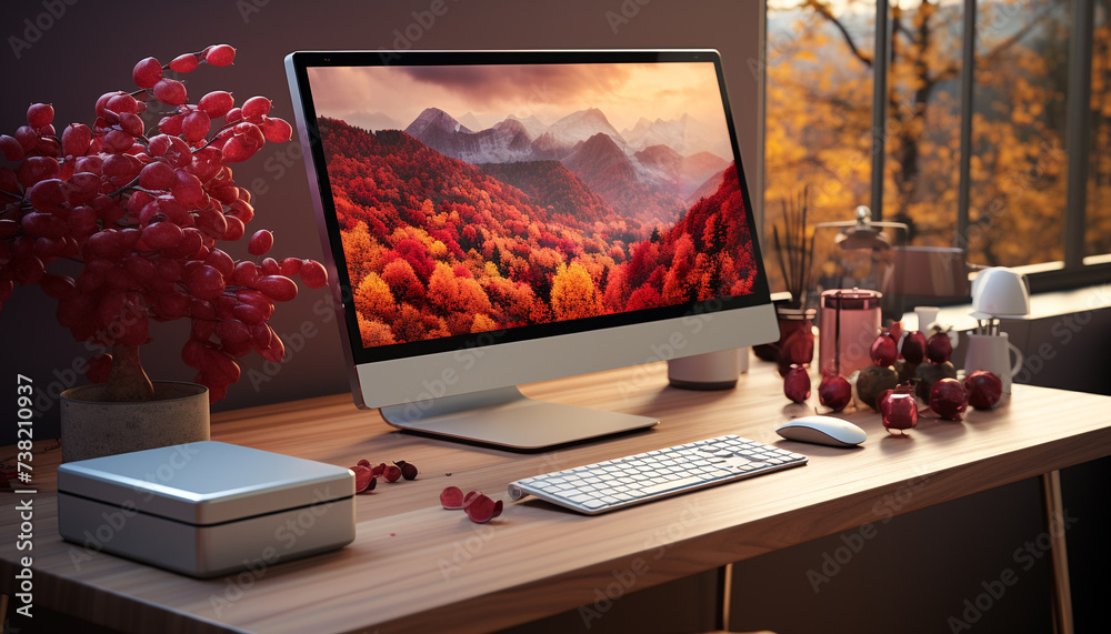 Sticker Working on a modern desk, surrounded by nature creativity generated by AI