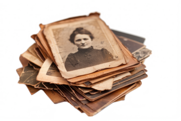Stack of vintage sepia style photos isolated on transparent background. Photo from family album. Archive snapshot. Old portrait capturing people from the past