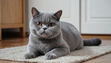 Blue exotic shorthair cat laying on the floor indoor
