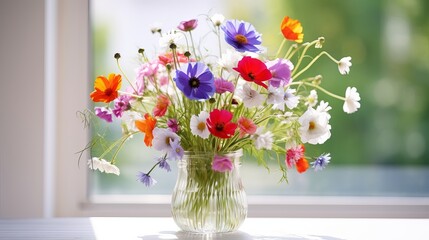 Bouquet of wildflowers in a small glass vase on the white table. Poppies, chamomiles, cornflowers, green grass. Summer photo. Contrast shadows on the white wall. Country style