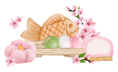 Hanami Festival. Traditional Japanese dessert and sakura flowers. Spring composition in watercolor style. Hand drawn illustration isolated