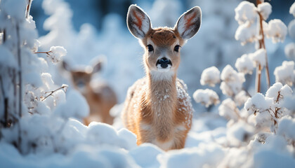 Cute deer standing in snow, looking at camera, fluffy fur generated by AI