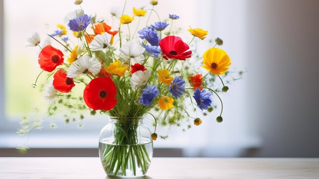 Bouquet of wildflowers in a small glass vase on the white table. Poppies, chamomiles, cornflowers, green grass. Summer photo. Contrast shadows on the white wall. Country style