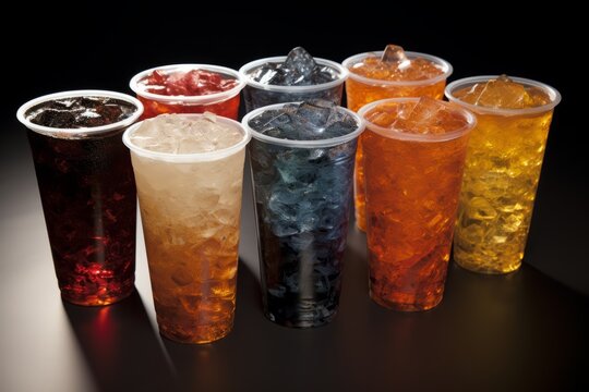 A variety of carbonated beverages in plastic cups with ice