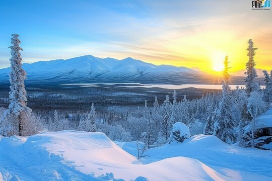 The sun sets over snow-covered mountains and trees