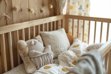Fototapeta na wymiar Decorative baby room wooden detail and baby interior.