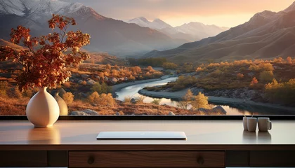 Fotobehang Mountain landscape with sunset, wood desk, tree outdoors, autumn forest generated by AI © djvstock