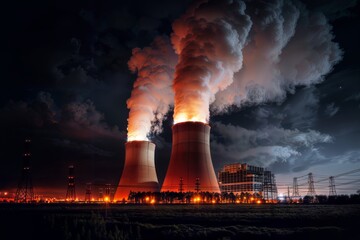 A nuclear power plant with two large cooling towers at night, releasing white smoke and emitting light. - obrazy, fototapety, plakaty