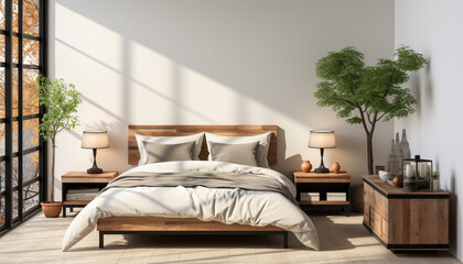 Modern, comfortable bedroom with elegant decor and bright, clean lighting generated by AI