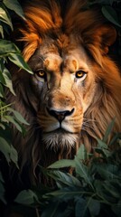 Portrait of a male lion staring through dense foliage