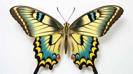 Close up of the symmetrical patterns and vibrant colors on the wings of a papilio machaon butterfly against a white background