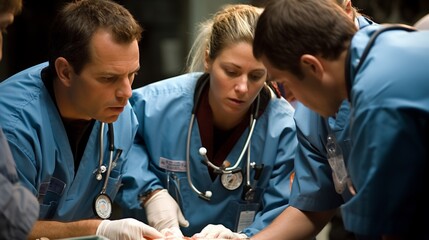 Four surgeons in blue uniforms are performing an operation.