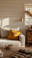 A cozy living room with a cream sofa, wooden coffee table, and a vintage dresser.