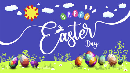 Happy Easter Day in vivid colorful kid style cartoon design banner