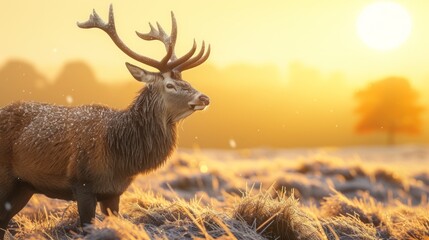 A majestic deer stands in a field of tall grass during a beautiful sunrise