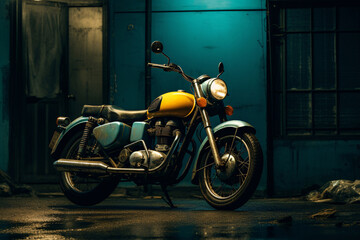 a motorcycle parked in a dark room