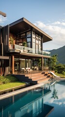 Fototapeta premium Modern luxury house with amazing mountain and lake views
