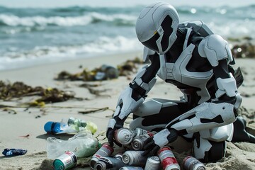 A gray and white robot collecting garbage on a beach