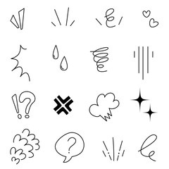 Black and white vector set with various cartoon emotions drawn by hand in doodle style. Surprise, anger, love, sadness