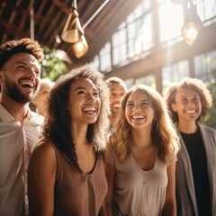 A group of diverse young professionals laughing and enjoying each other's company in a sunlit room