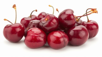 Fresh red cherries pile on background, top view perspective, ripe juicy fruits in vibrant red color